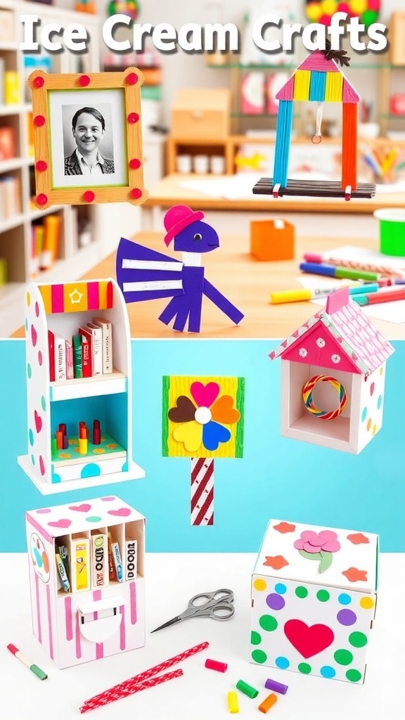 A collection of ice cream stick crafts including a picture frame, bird feeder, puppet, mini bookshelf, cootie catcher, and decorative box on a colorful workspace.